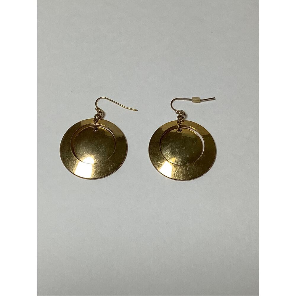 ALM SOHO Gold Tone Double Circle Layered Hoop Disc Dangle Drop Earrings A13-22 - Picture 3 of 6